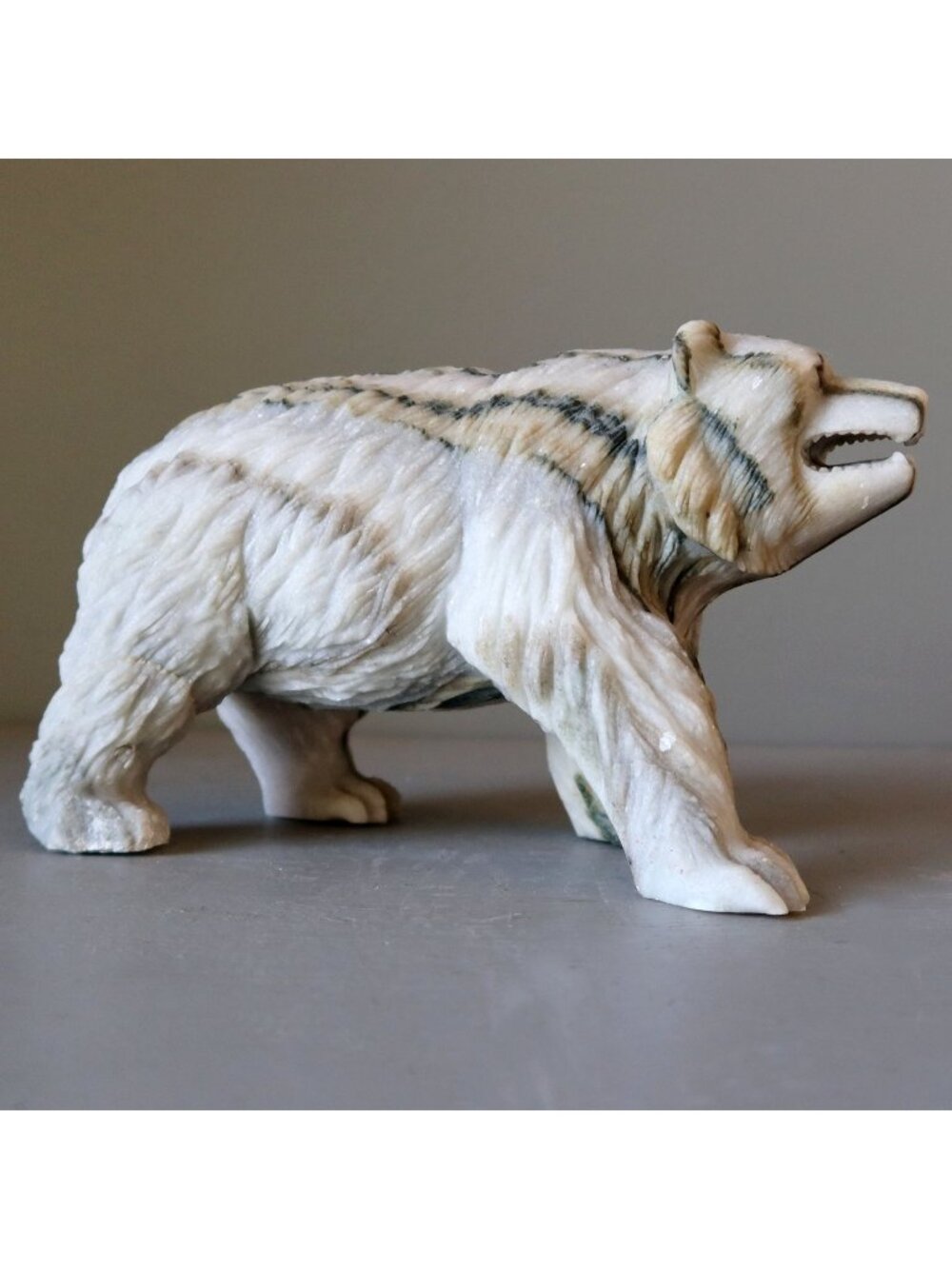 Calcite Bear Gray Stone Carving Wounded Animal Figurine (8.75", 6 Lbs)